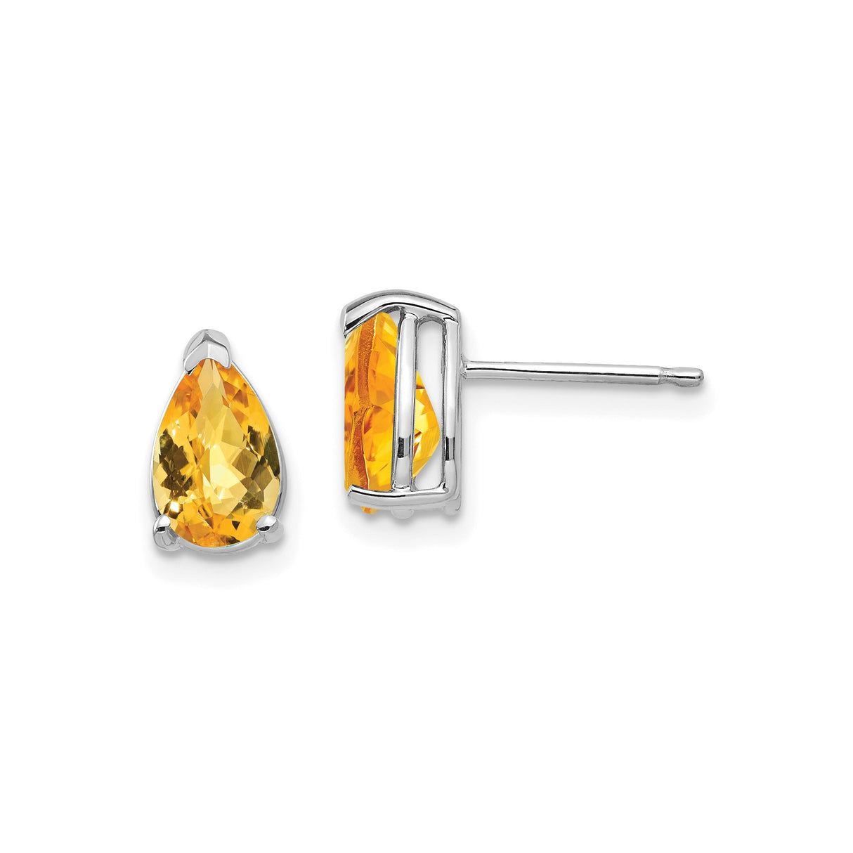 14k White Gold Citrine Stud Earrings, Pear Shaped Prong Set Yellow Orange Gemstone