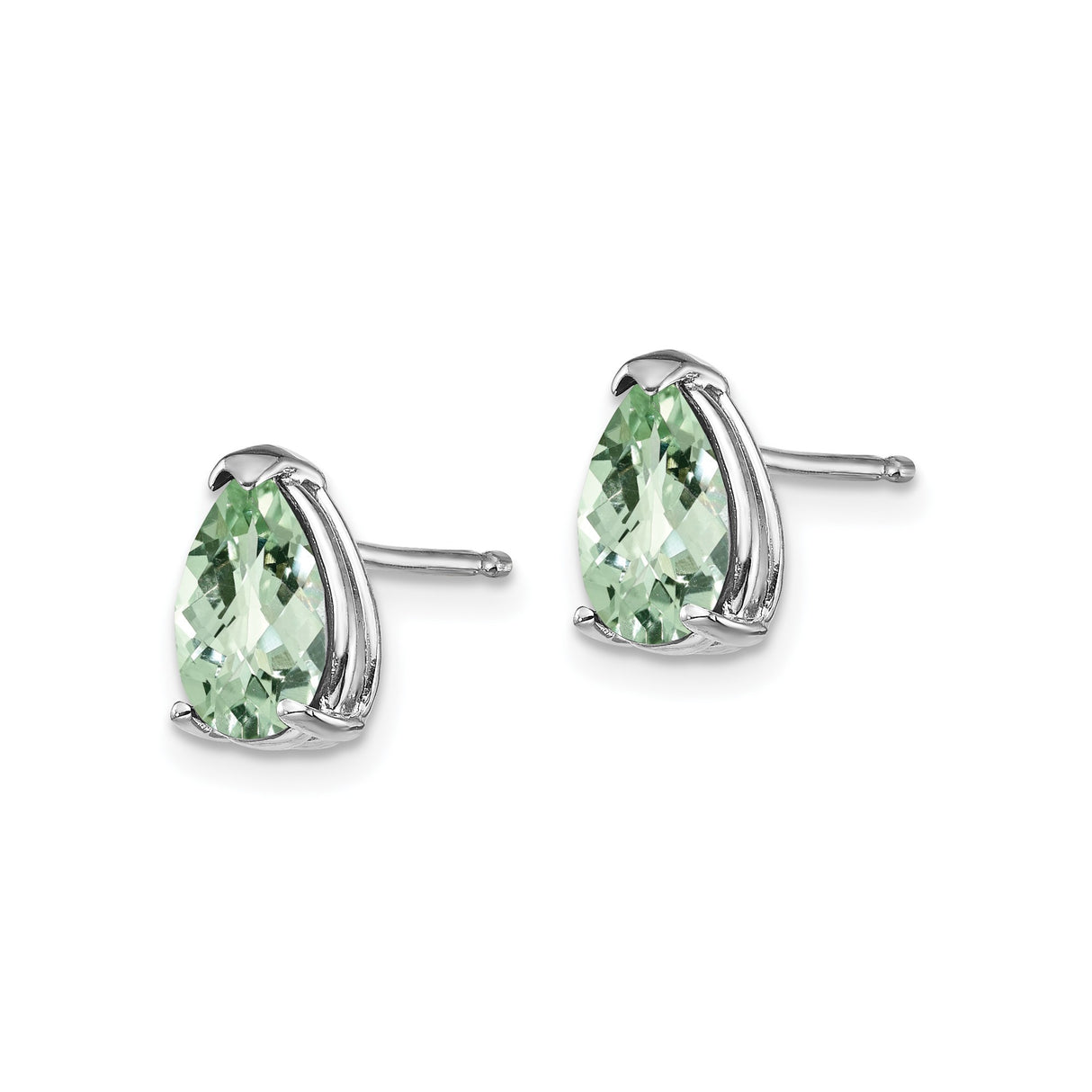 14k White Gold Stud Earrings with Pear Shaped Green Quartz, Minimalist Modern Design