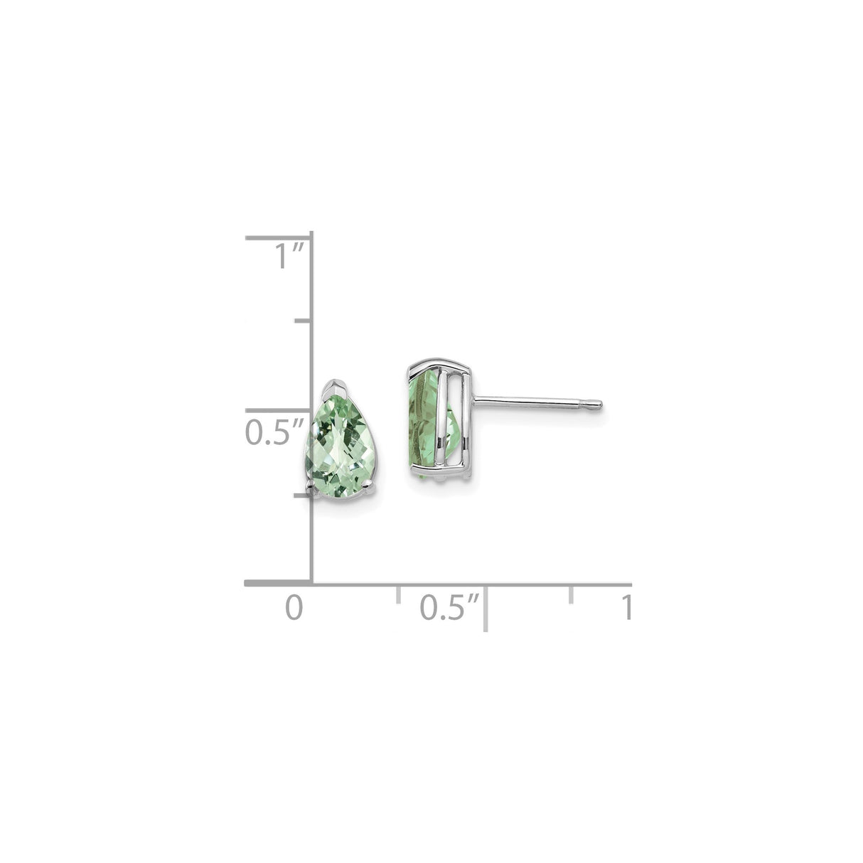 14k White Gold Stud Earrings with Pear Shaped Green Quartz, Minimalist Modern Design