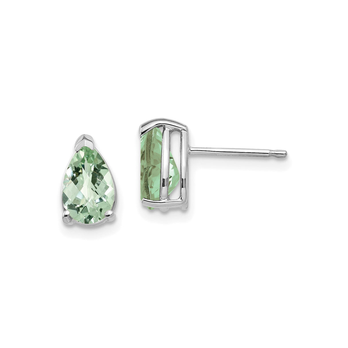 14k White Gold Stud Earrings with Pear Shaped Green Quartz, Minimalist Modern Design