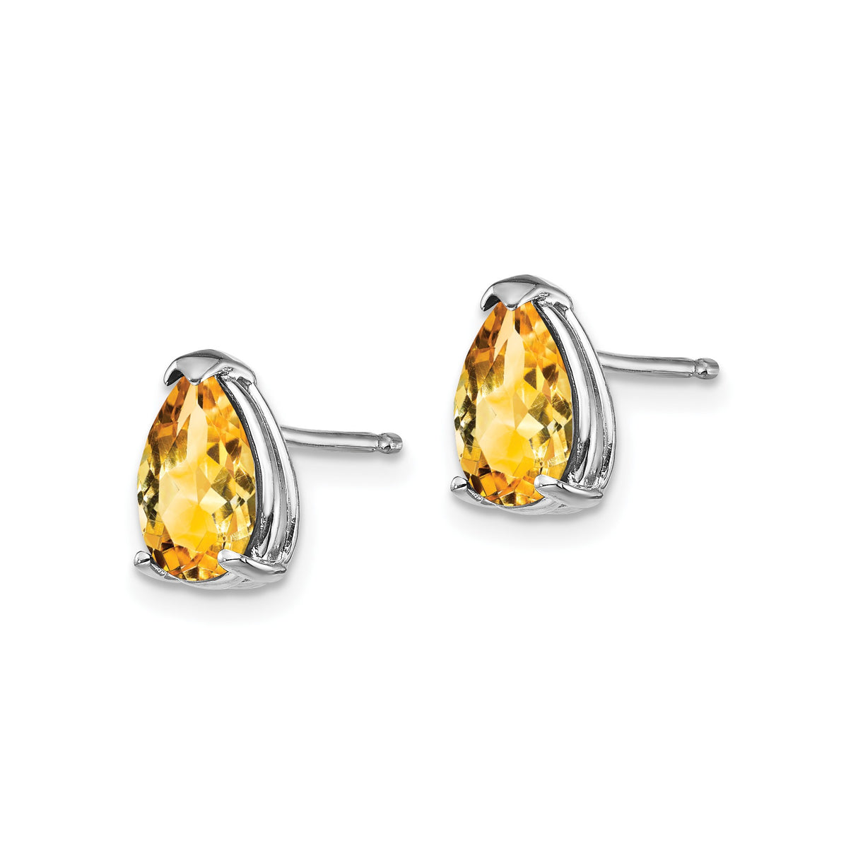 14k White Gold Citrine Stud Earrings, Pear Shaped Three Prong Setting, November Birthstone
