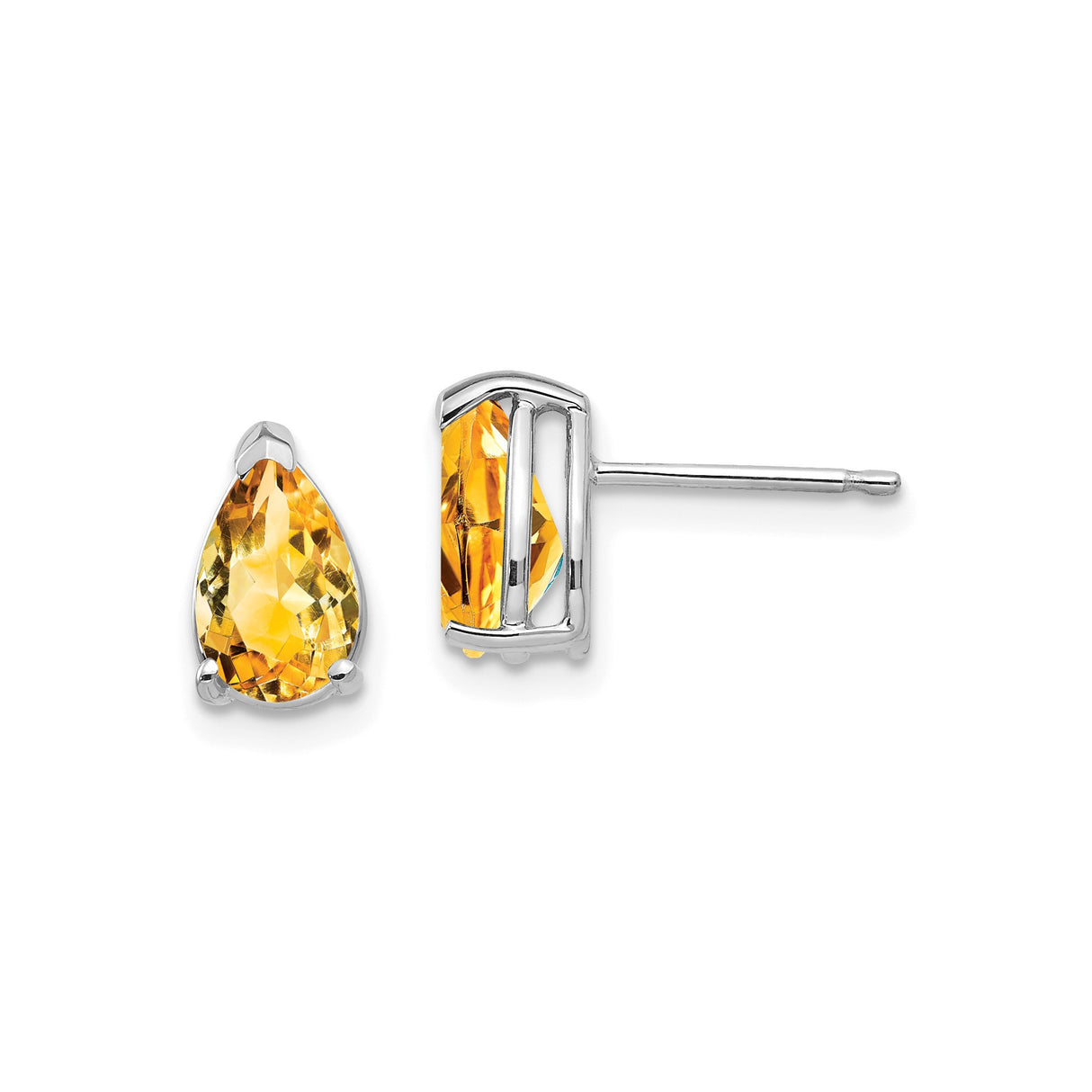 14k White Gold Citrine Stud Earrings, Pear Shaped Three Prong Setting, November Birthstone