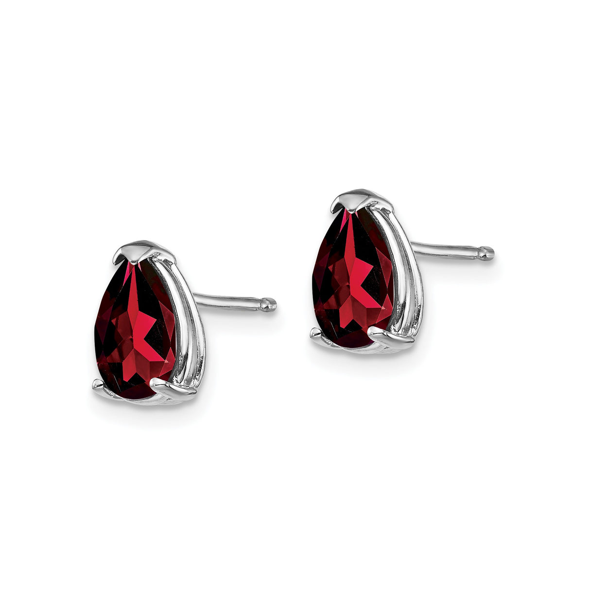 14k White Gold Garnet Stud Earrings, Pear Shaped, Prong Set, January Birthstone Design
