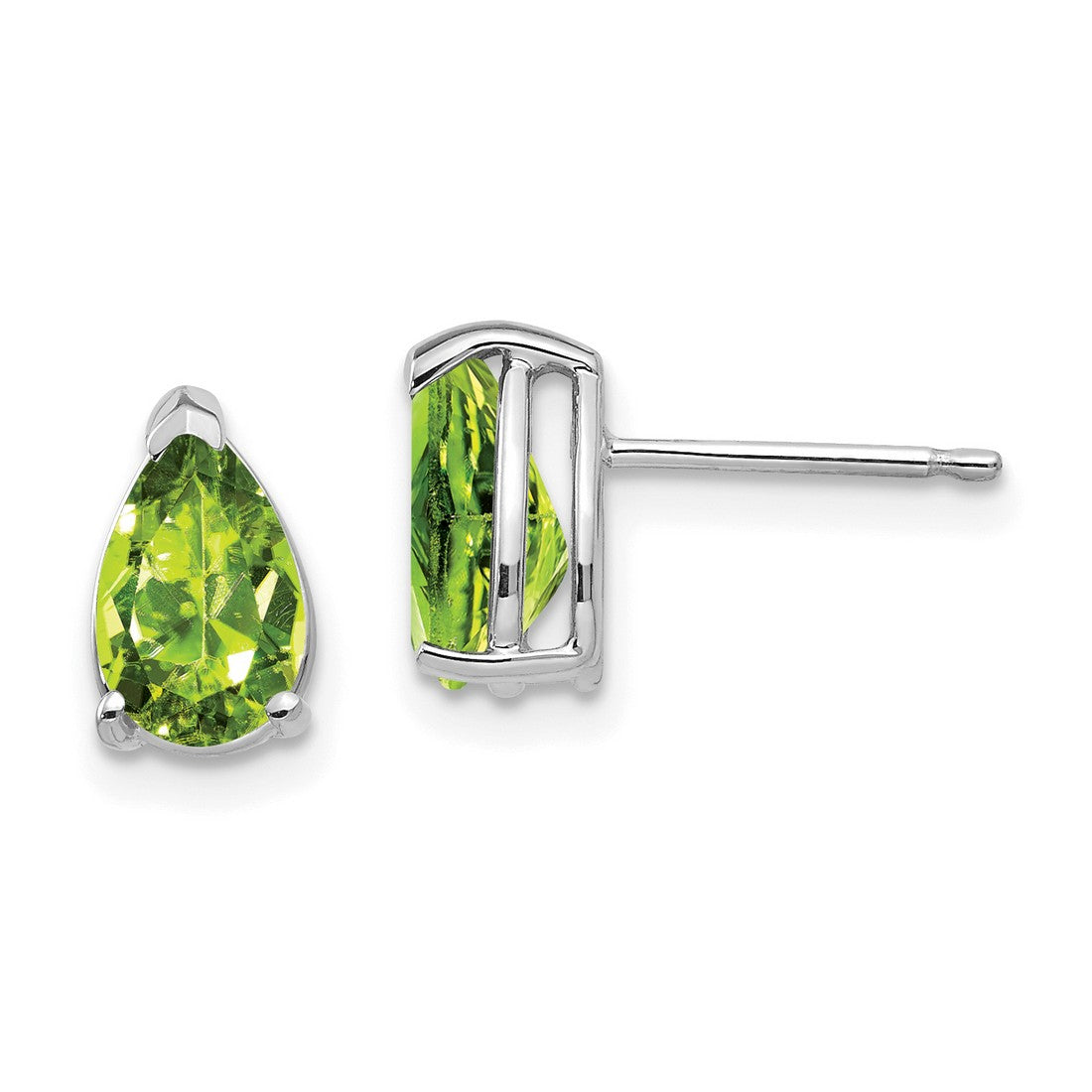 14k White Gold Peridot Stud Earrings, Pear Shaped Green Gemstone, Classic Minimalist Style