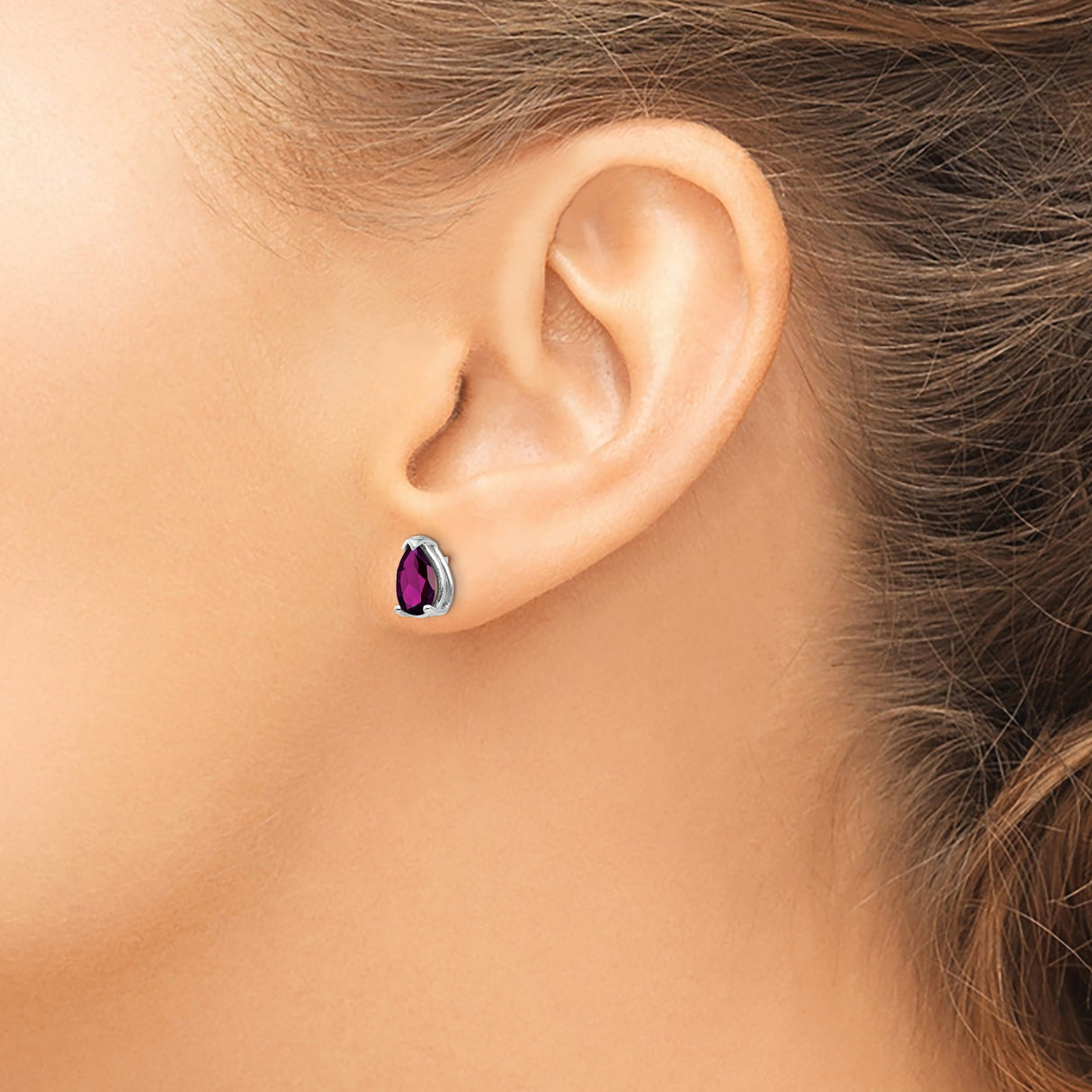 14k White Gold Stud Earrings with Pear-Shaped Rhodolite Garnet, Minimalist Design for Women