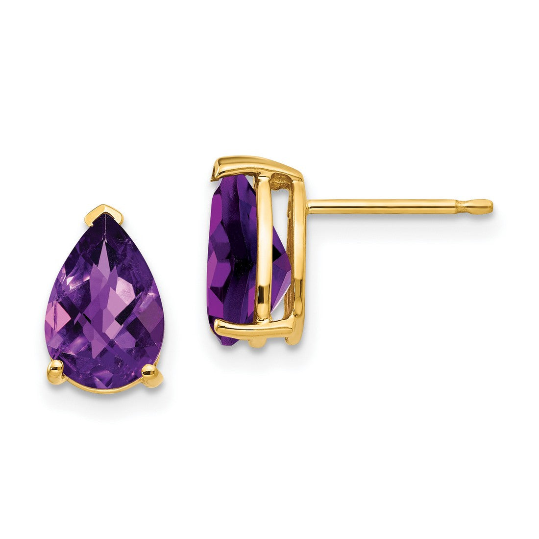 14k Yellow Gold Stud Earrings with Pear Shaped Amethyst, February Birthstone Jewelry for Women