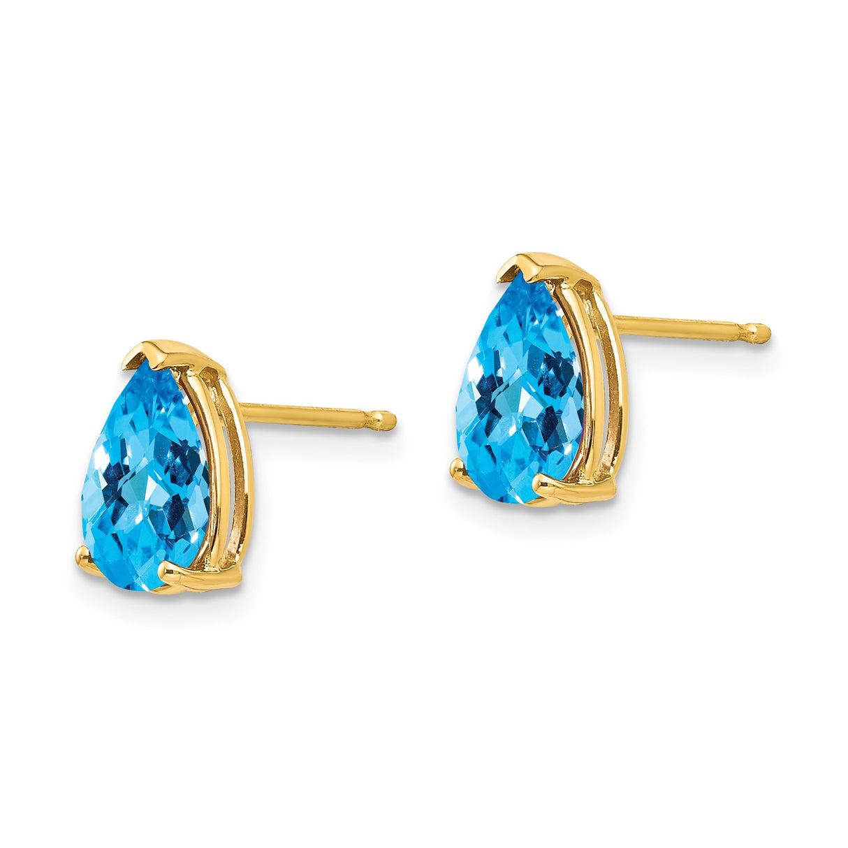 14k Yellow Gold Stud Earrings with Swiss Blue Topaz, Pear Shaped Prong Set Gemstones