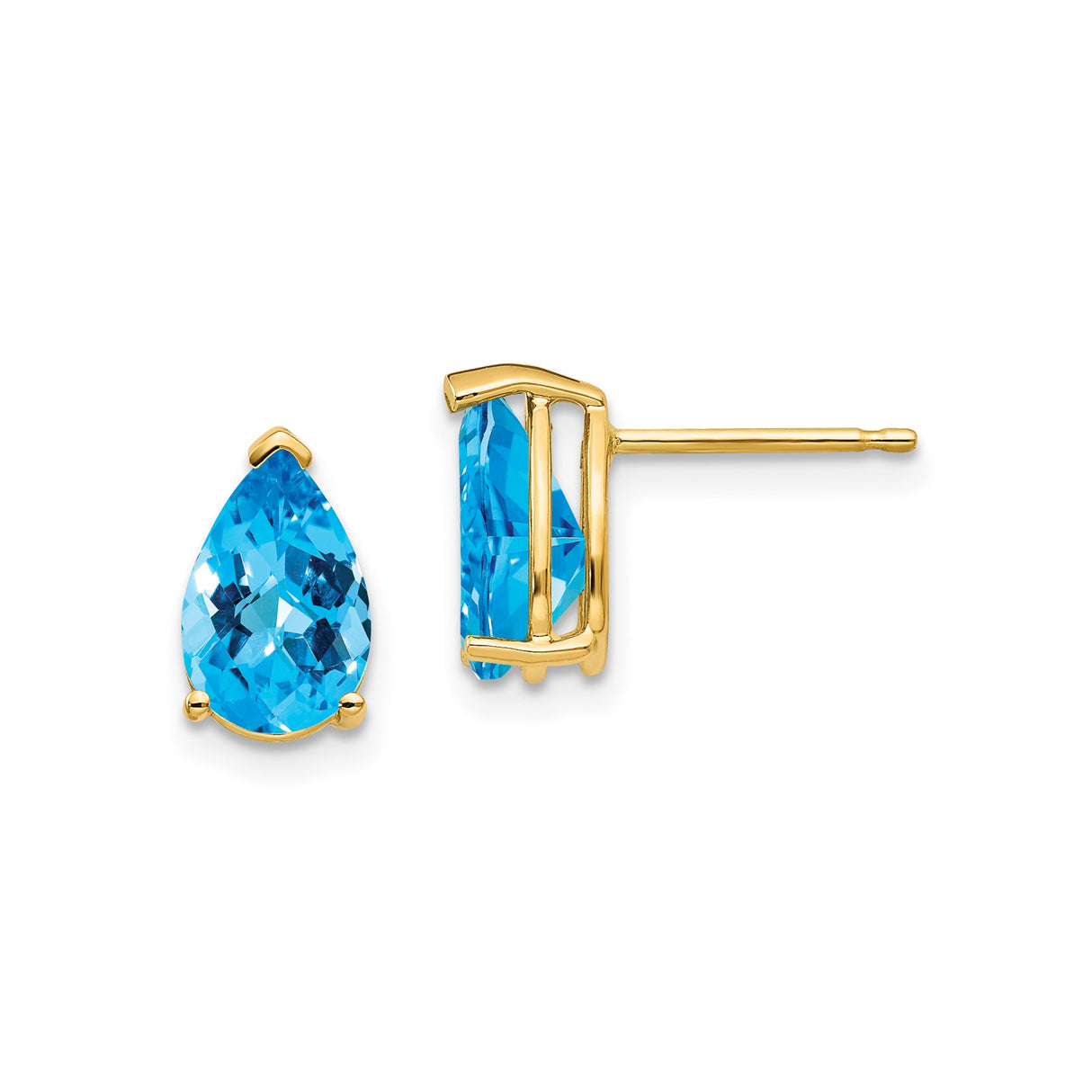 14k Yellow Gold Stud Earrings with Swiss Blue Topaz, Pear Shaped Prong Set Gemstones