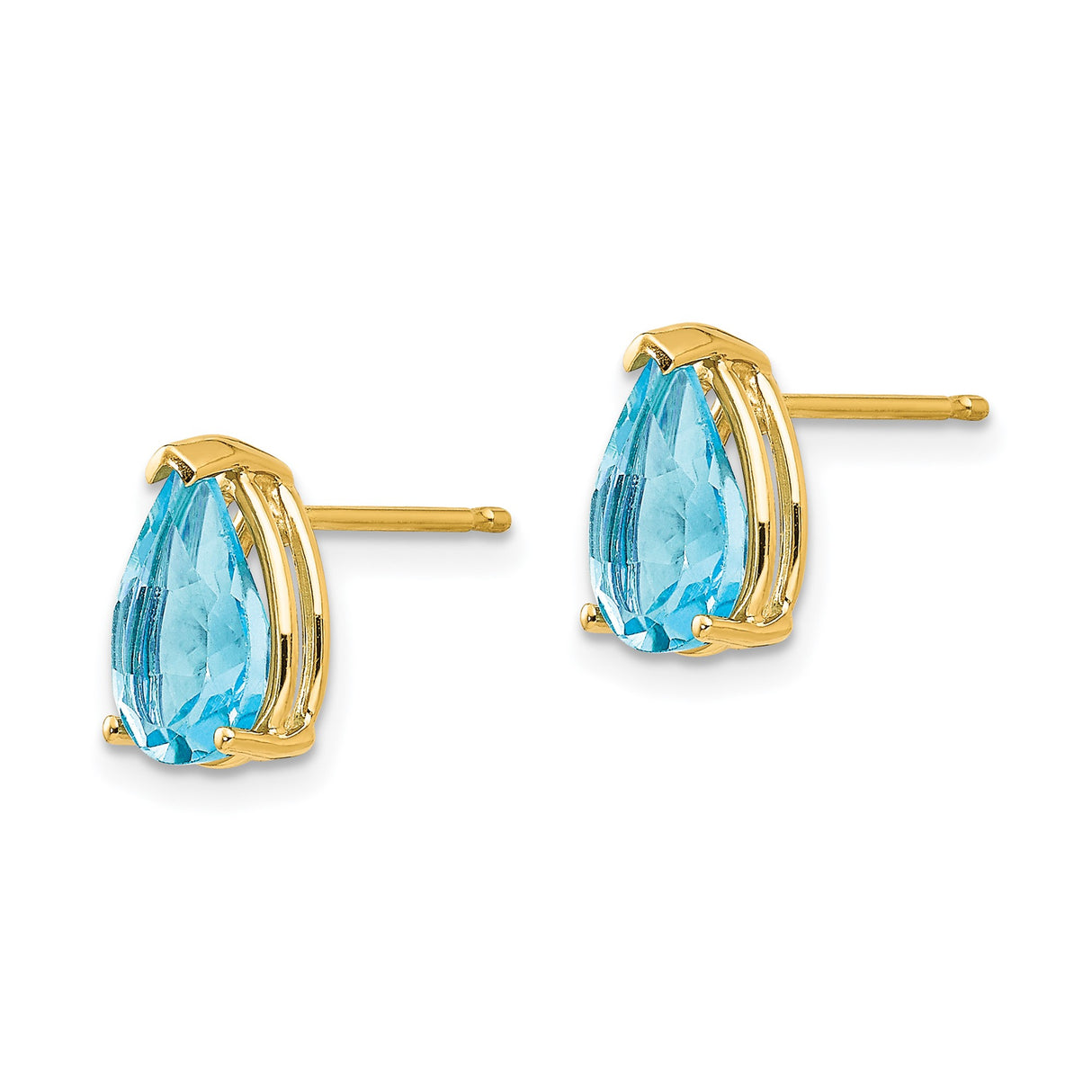 14k Yellow Gold Stud Earrings with Pear-Shaped Swiss Blue Topaz, Three-Prong Setting