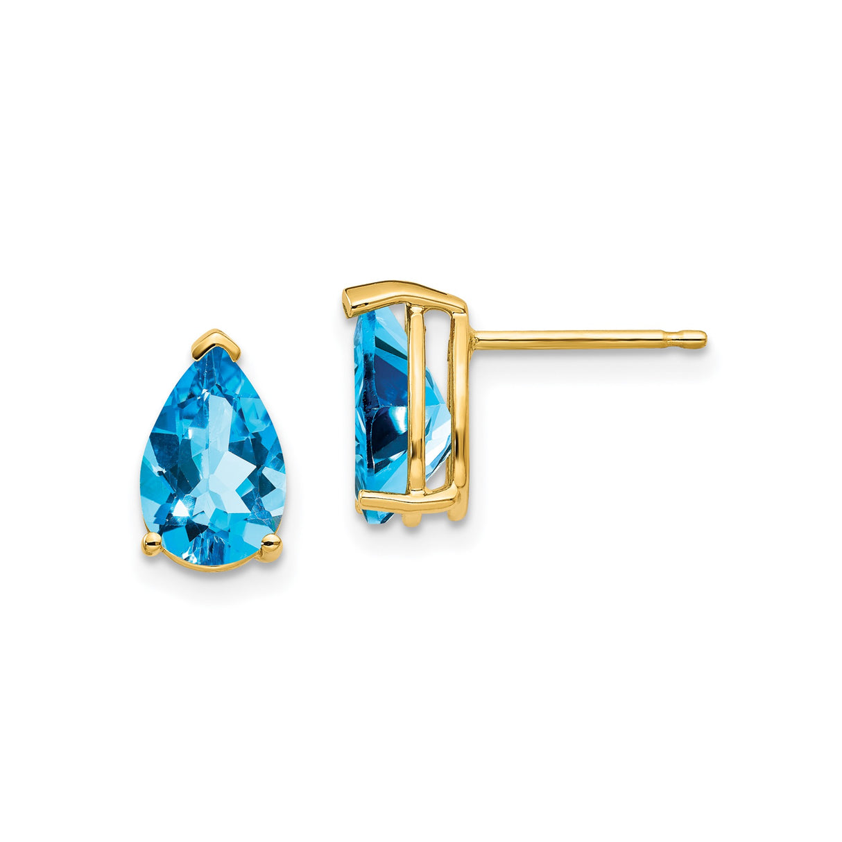 14k Yellow Gold Stud Earrings with Pear-Shaped Swiss Blue Topaz, Three-Prong Setting