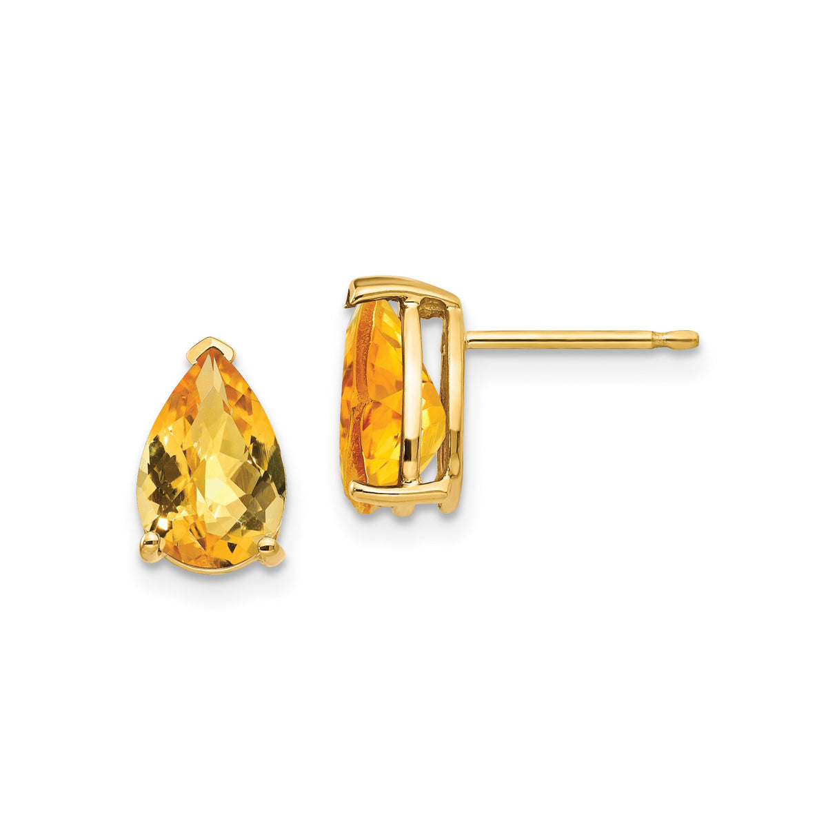 14k Yellow Gold Citrine Stud Earrings, Pear Shaped, Prong Set, November Birthstone for Women