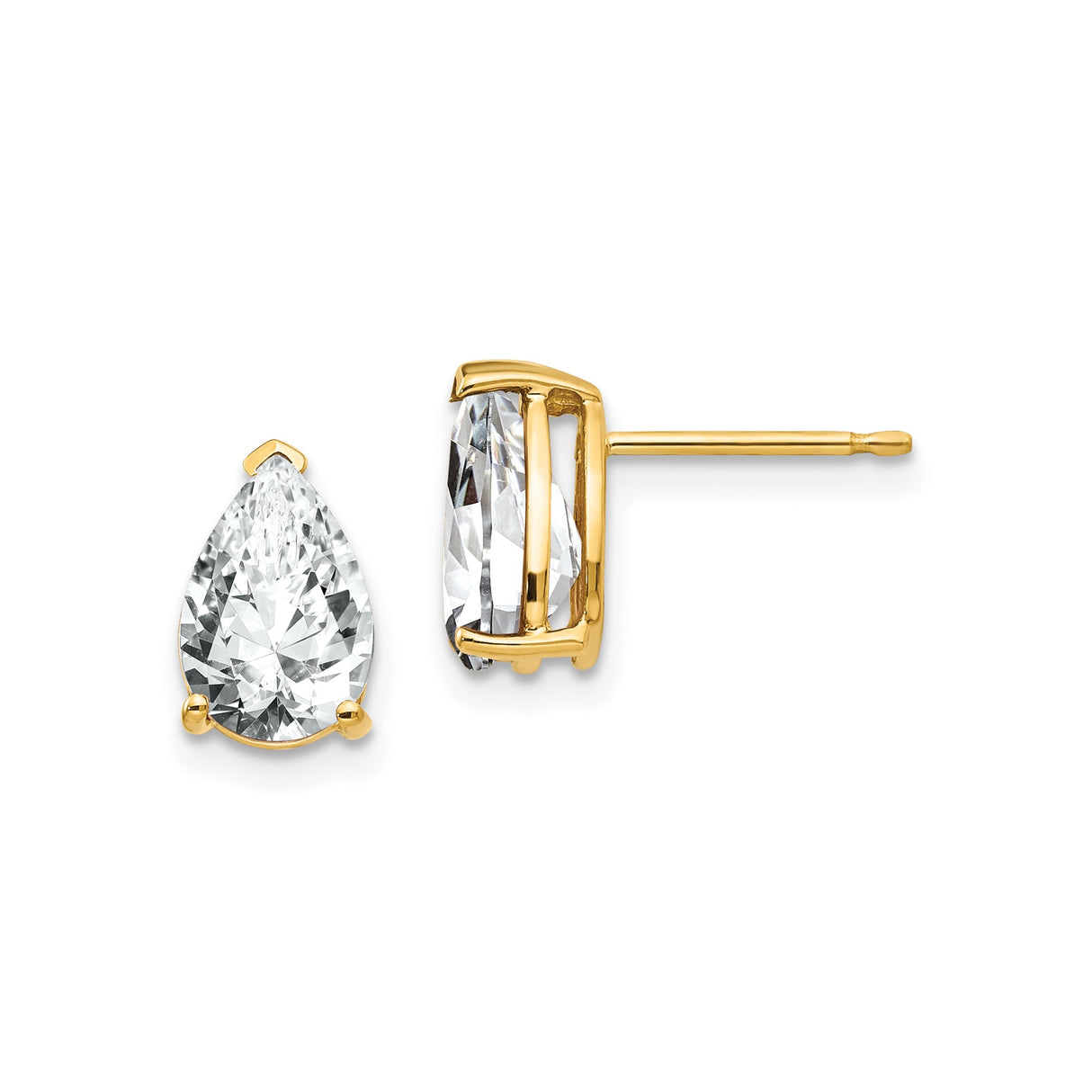 14k Yellow Gold Pear Shaped Stud Earrings with Cubic Zirconia in Three Prong Setting