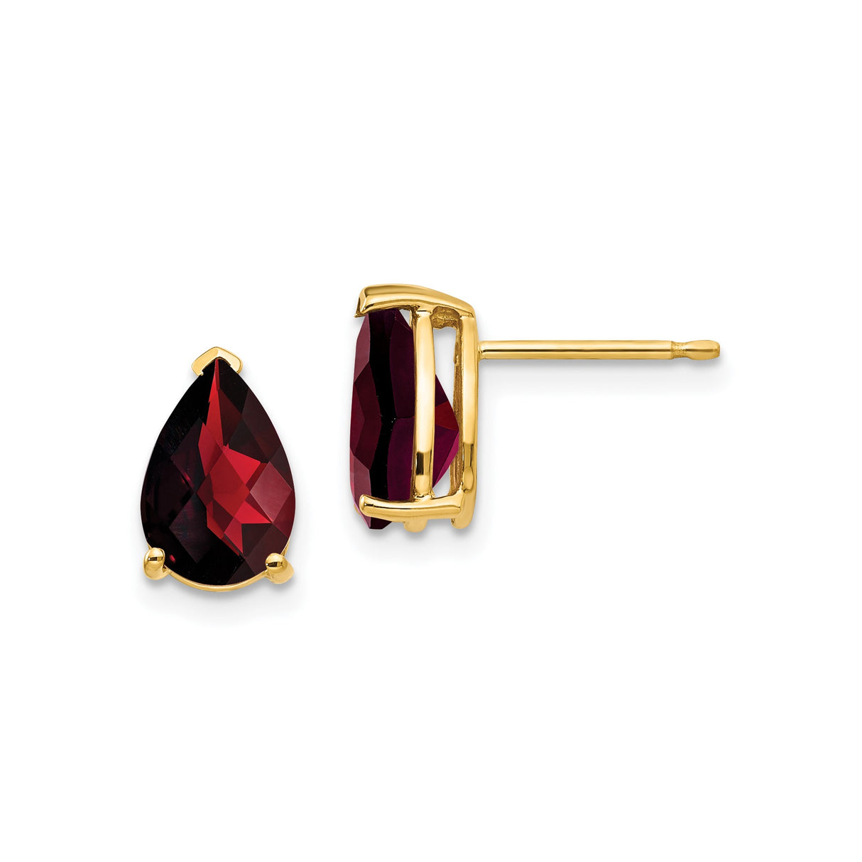 14k Yellow Gold Garnet Stud Earrings, Pear Shaped Prong Set January Birthstone Jewelry
