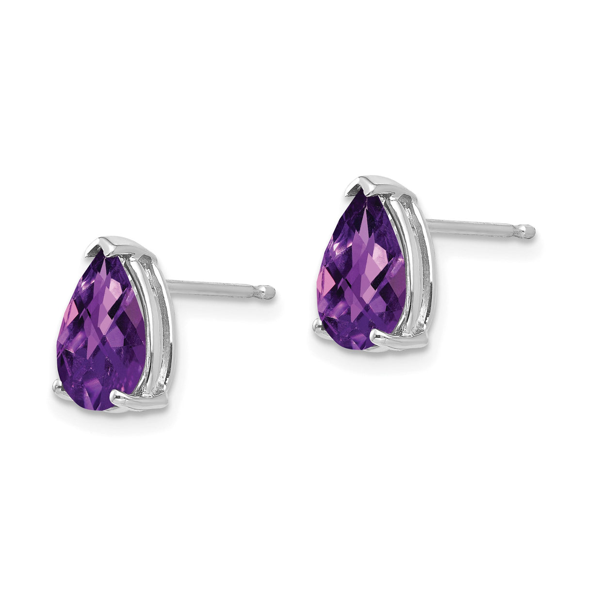 14k White Gold Amethyst Stud Earrings, Pear Shaped Three Prong Setting