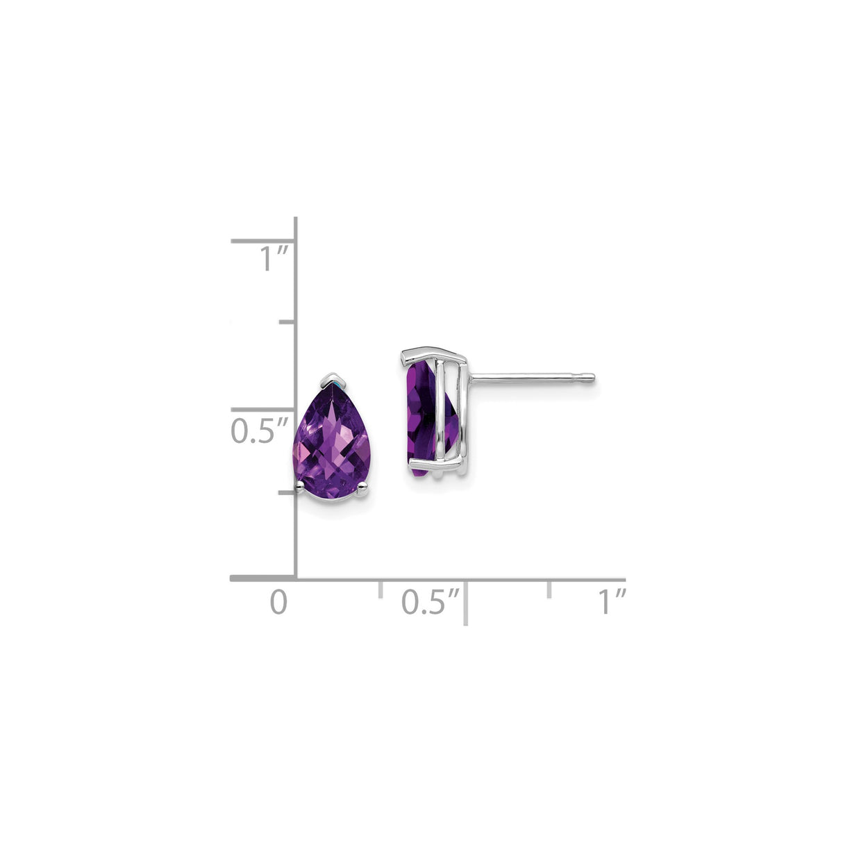 14k White Gold Amethyst Stud Earrings, Pear Shaped Three Prong Setting