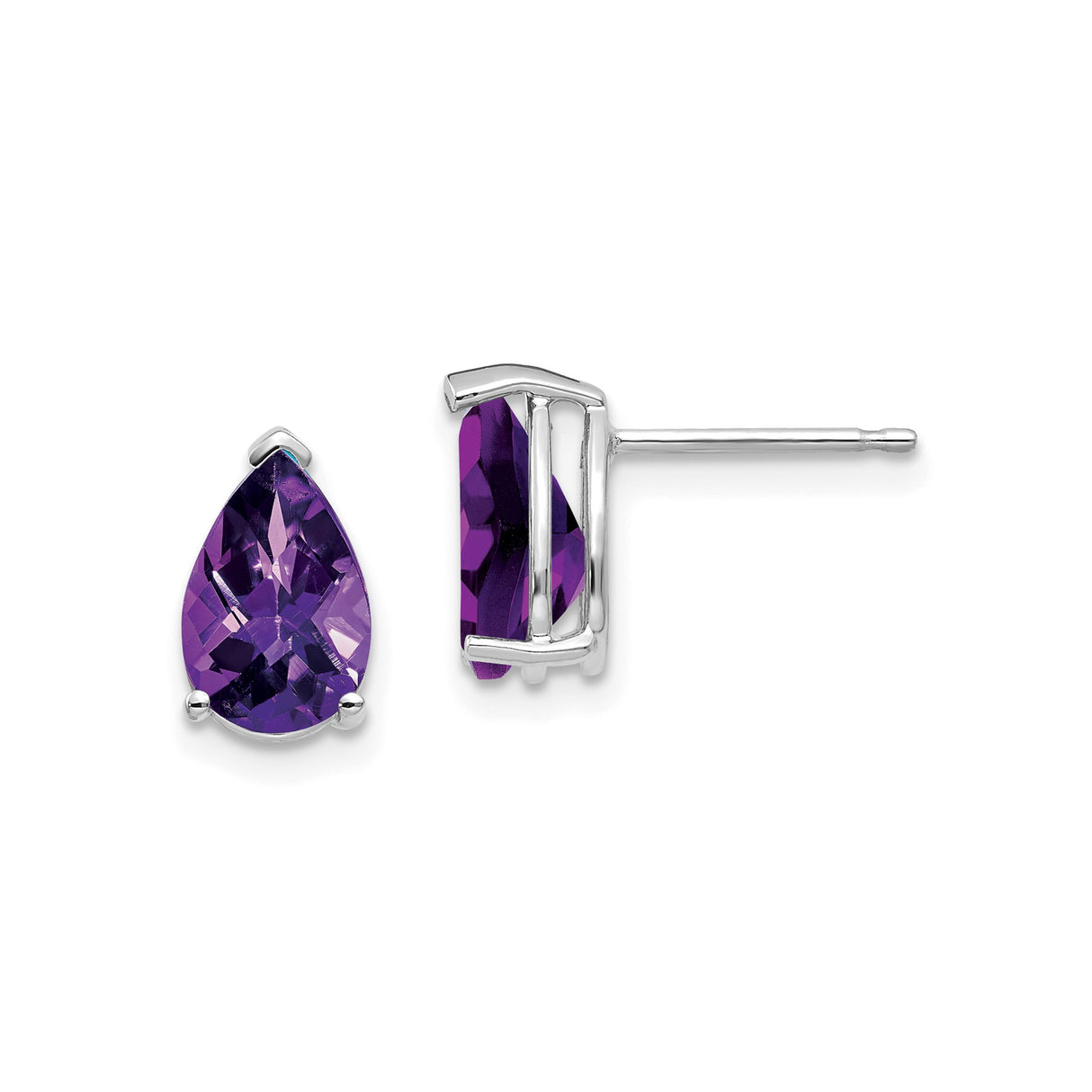 14k White Gold Amethyst Stud Earrings, Pear Shaped Three Prong Setting