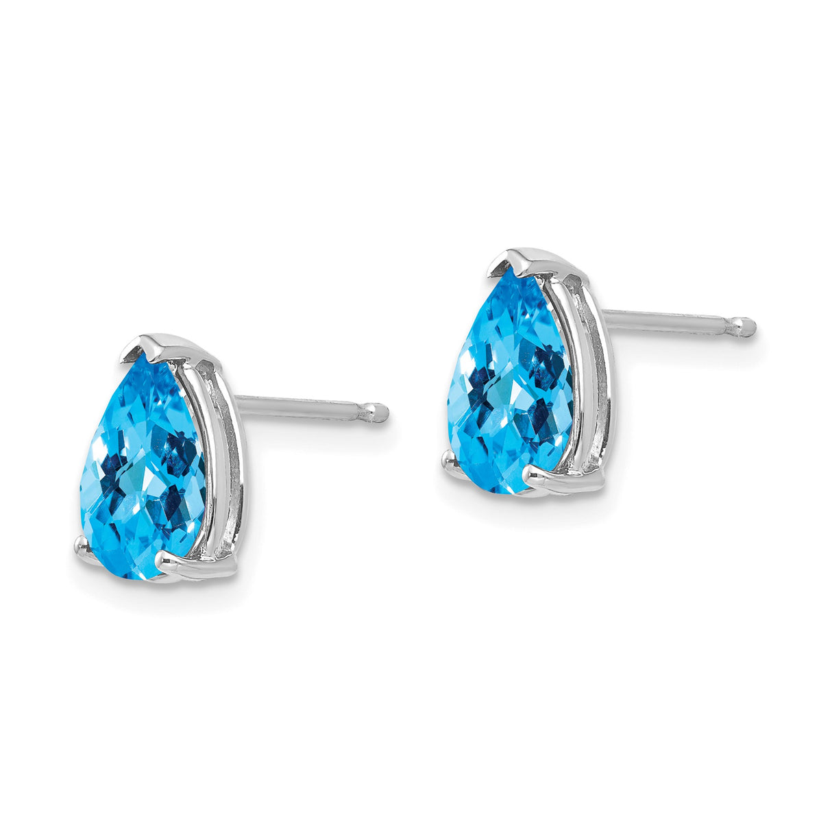 14k White Gold Blue Topaz Stud Earrings, Pear Shaped Gemstone, Three Prong Setting