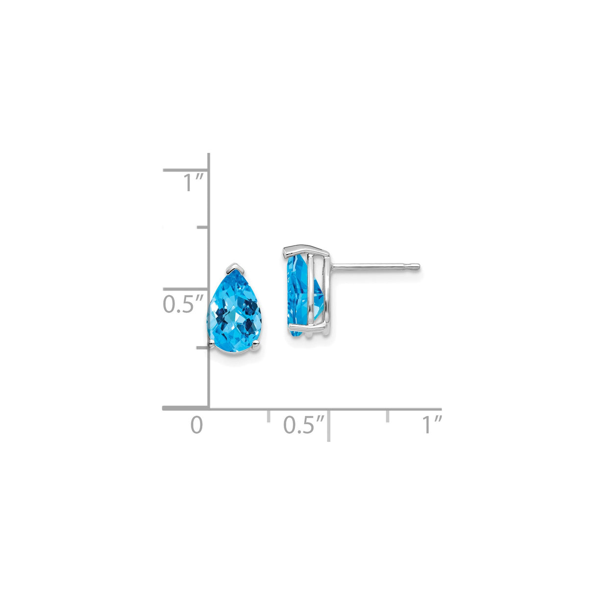 14k White Gold Blue Topaz Stud Earrings, Pear Shaped Gemstone, Three Prong Setting