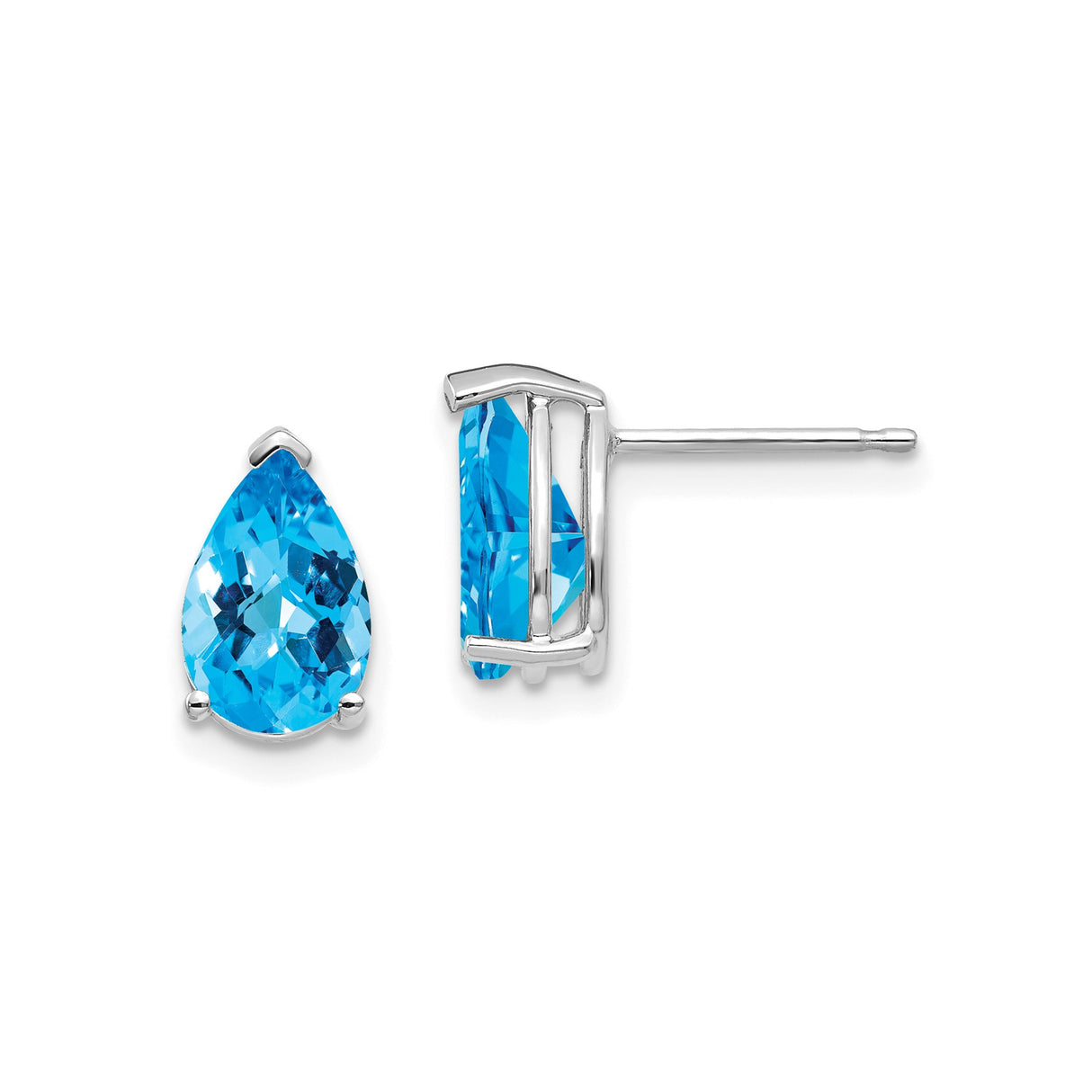 14k White Gold Blue Topaz Stud Earrings, Pear Shaped Gemstone, Three Prong Setting