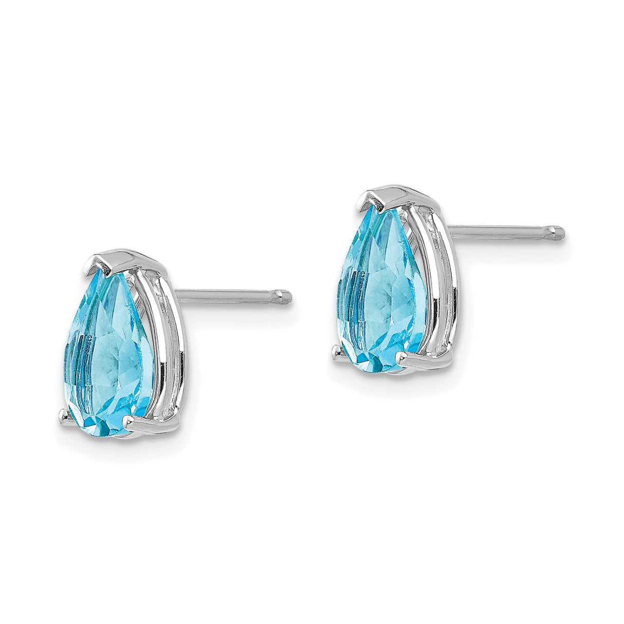 14k White Gold Blue Topaz Stud Earrings, Pear Shape Three Prong Minimalist Style
