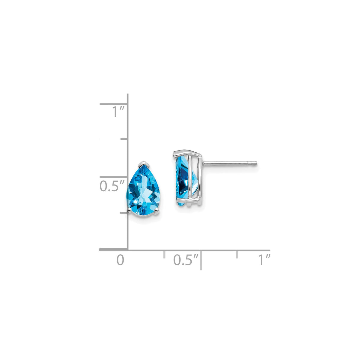 14k White Gold Blue Topaz Stud Earrings, Pear Shape Three Prong Minimalist Style
