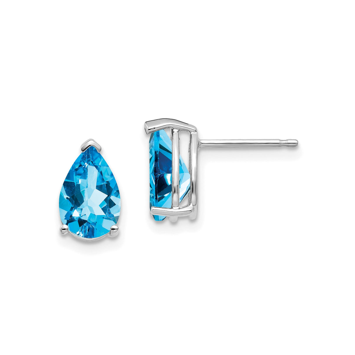 14k White Gold Blue Topaz Stud Earrings, Pear Shape Three Prong Minimalist Style