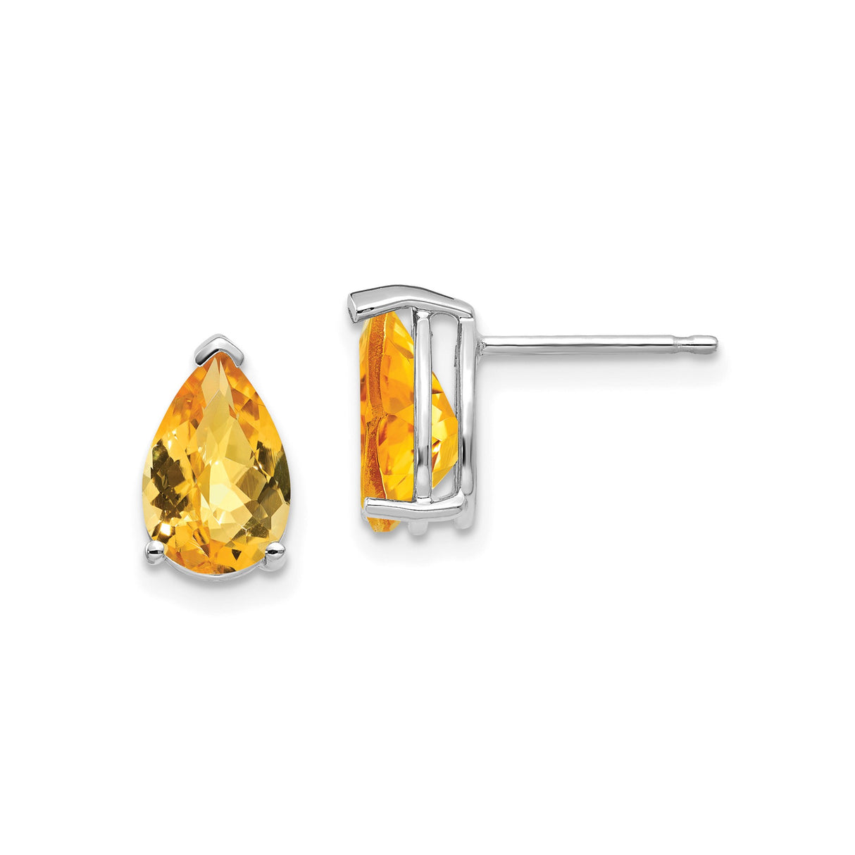 14k White Gold Citrine Stud Earrings, Pear Shaped with Checkerboard Faceting, November Birthstone Jewelry