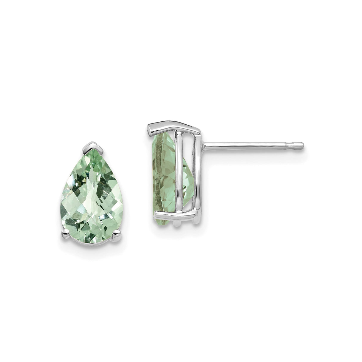 14k White Gold Stud Earrings with Pear Shaped Green Quartz, Minimalist Checker Cut Design