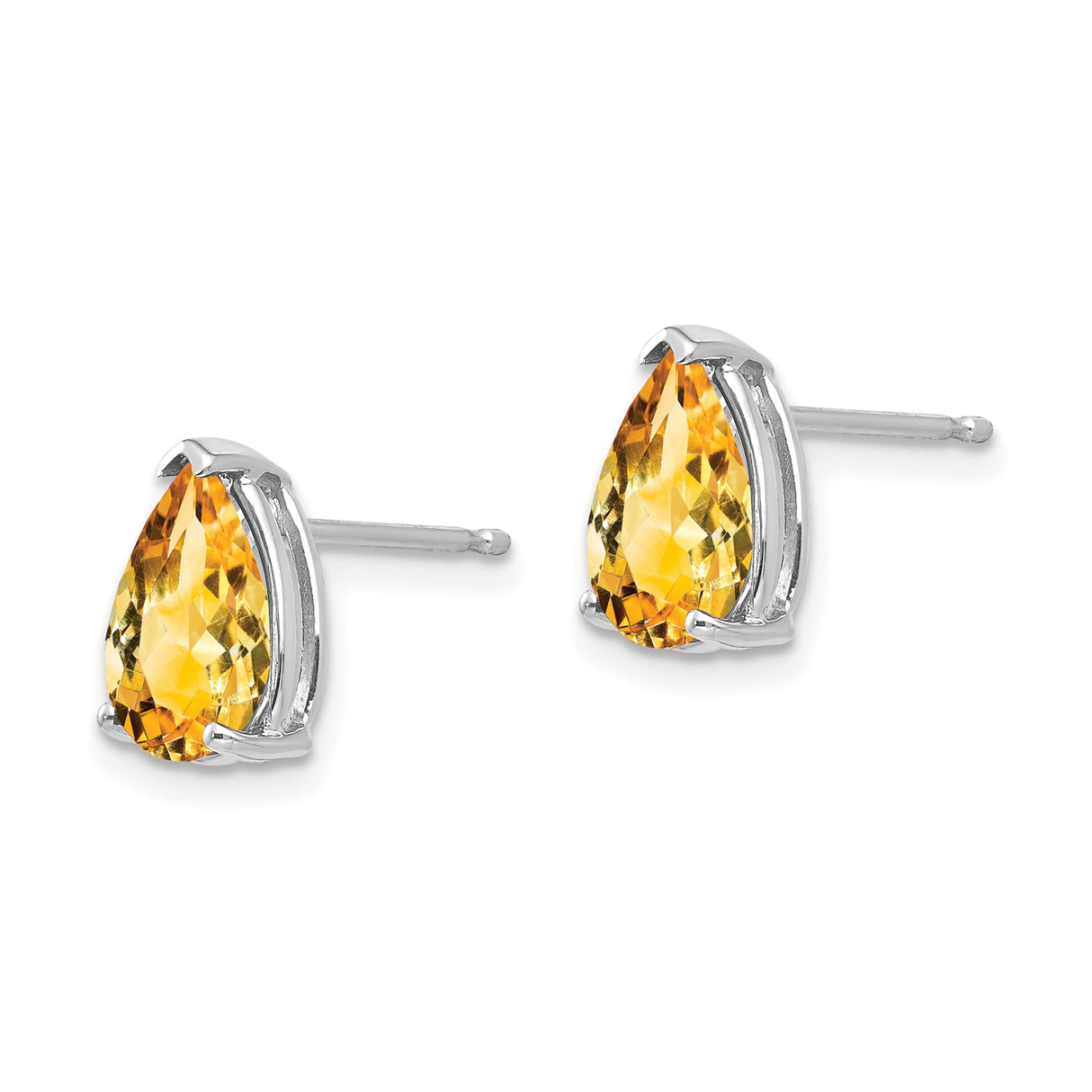 14k White Gold Citrine Stud Earrings, Pear Shaped Gemstone with Three Prong Setting