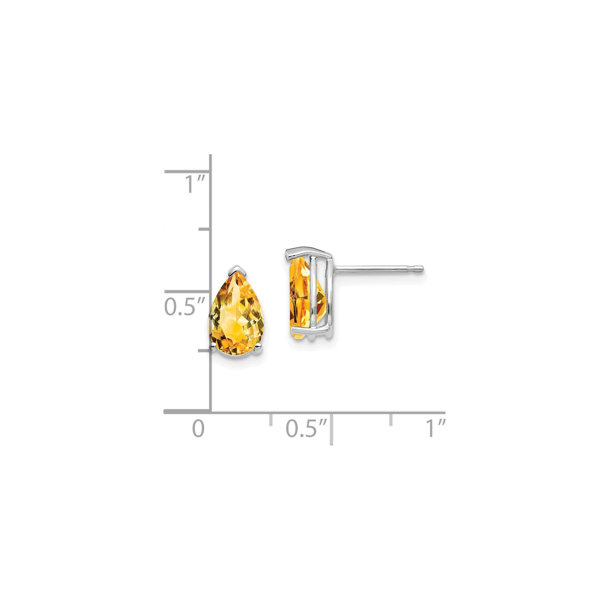 14k White Gold Citrine Stud Earrings, Pear Shaped Gemstone with Three Prong Setting