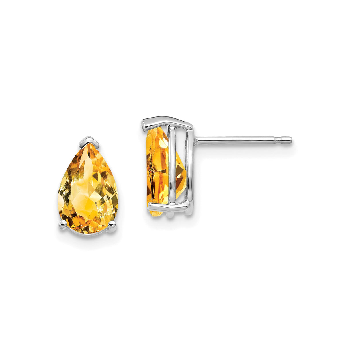 14k White Gold Citrine Stud Earrings, Pear Shaped Gemstone with Three Prong Setting