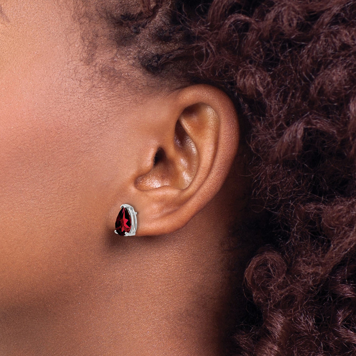 14k White Gold Garnet Stud Earrings, Pear Shaped, Minimalist Design, January Birthstone