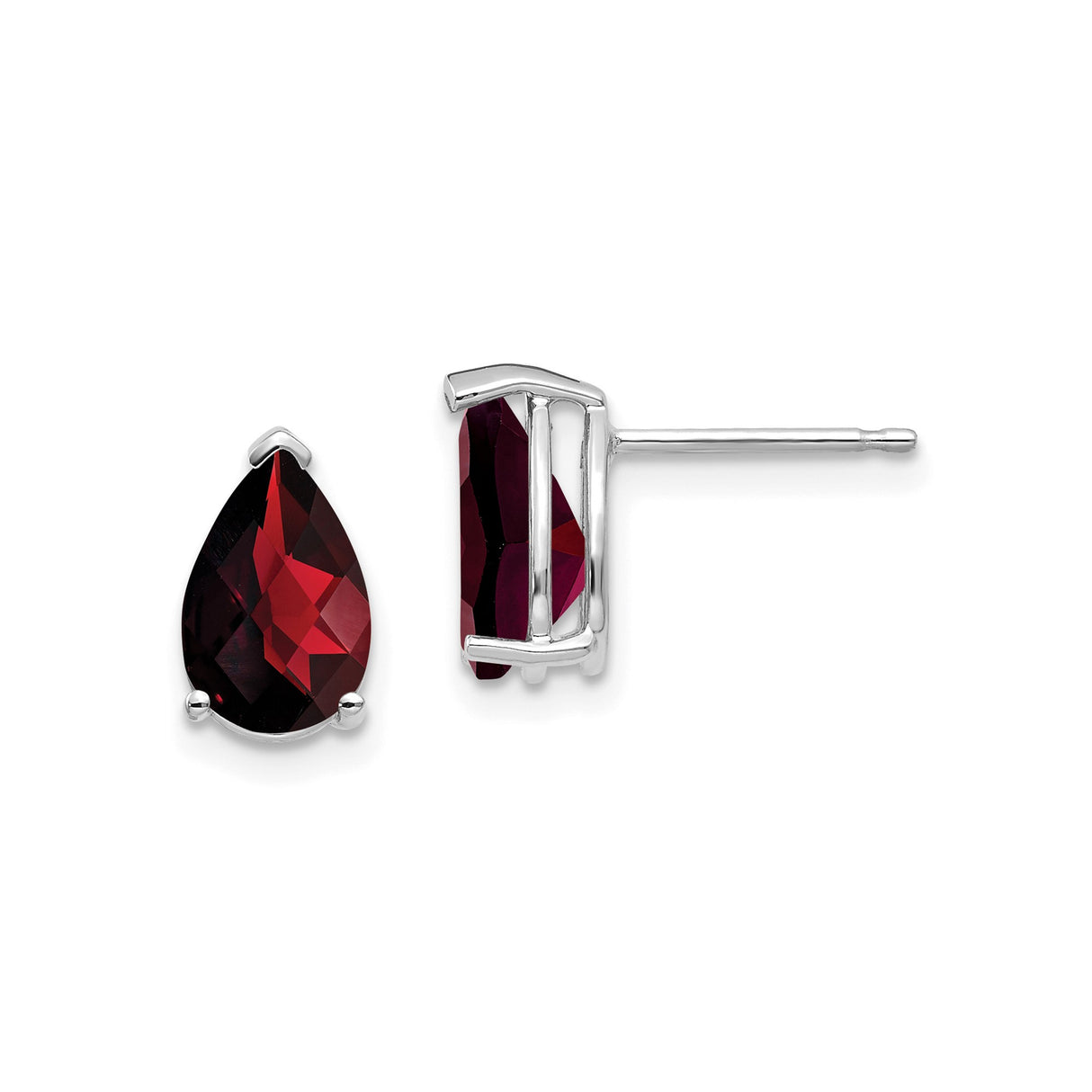 14k White Gold Garnet Stud Earrings with Pear Shaped Gemstones in Prong Setting