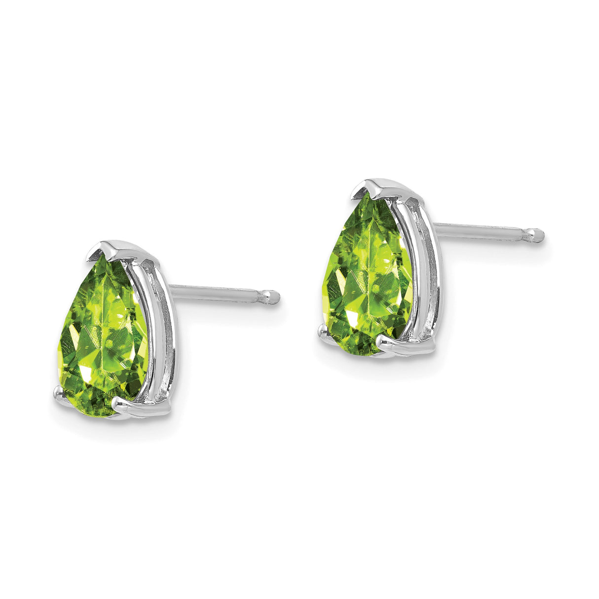 14k White Gold Peridot Stud Earrings, Pear Shaped Three Prong Setting, August Birthstone Jewelry