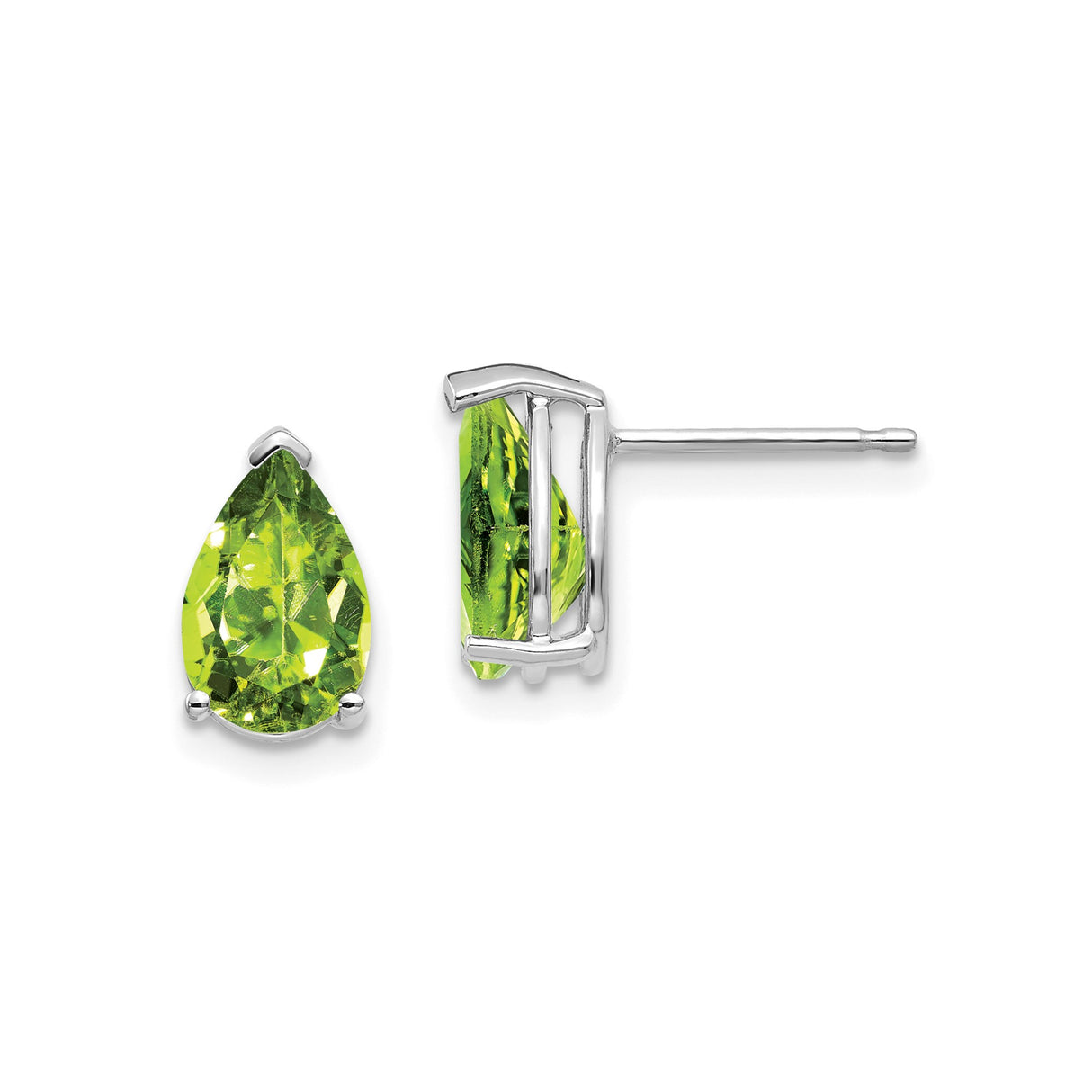 14k White Gold Peridot Stud Earrings, Pear Shaped Three Prong Setting, August Birthstone Jewelry