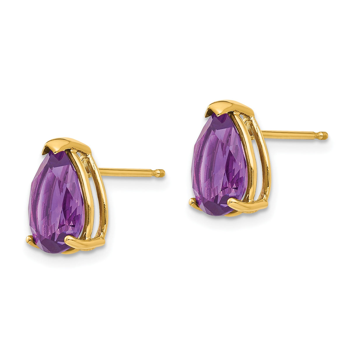 14k Yellow Gold Amethyst Stud Earrings, Pear Shaped Prong Set Gemstone Jewelry for Women