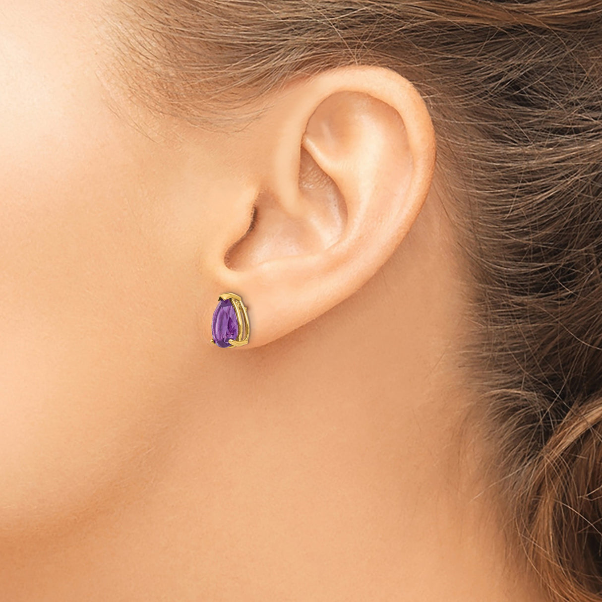 14k Yellow Gold Amethyst Stud Earrings, Pear Shaped Prong Set Gemstone Jewelry for Women