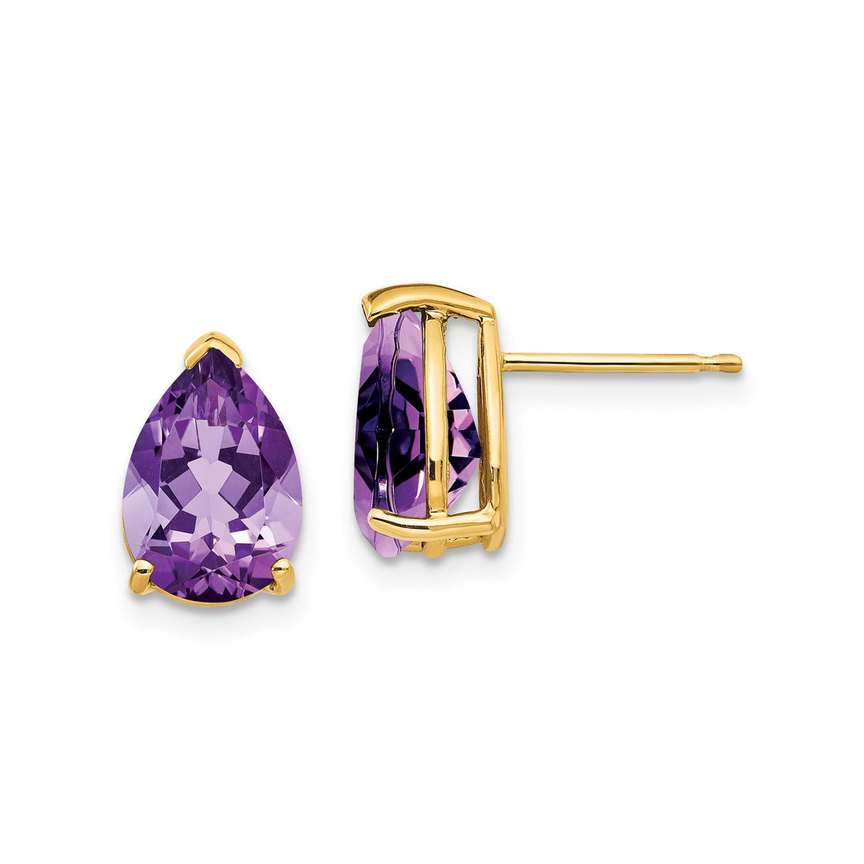 14k Yellow Gold Amethyst Stud Earrings, Pear Shaped Prong Set Gemstone Jewelry for Women