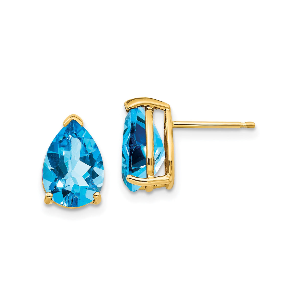 14k Yellow Gold Pear Shaped Blue Topaz Stud Earrings, December Birthstone Jewelry for Women