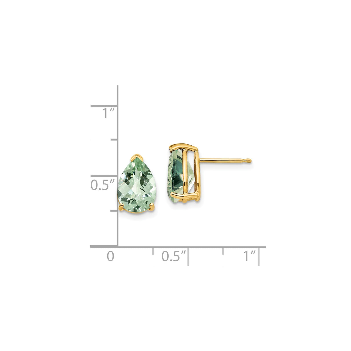 14k Yellow Gold Stud Earrings with Faceted Green Quartz, Pear Shaped Checker Cut Design