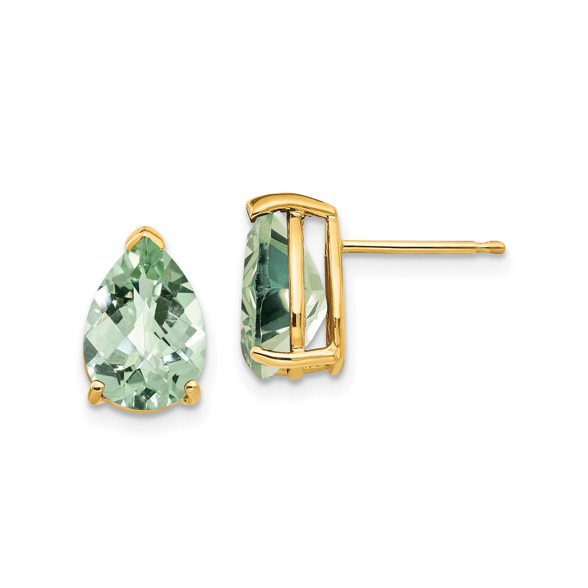 14k Yellow Gold Stud Earrings with Faceted Green Quartz, Pear Shaped Checker Cut Design