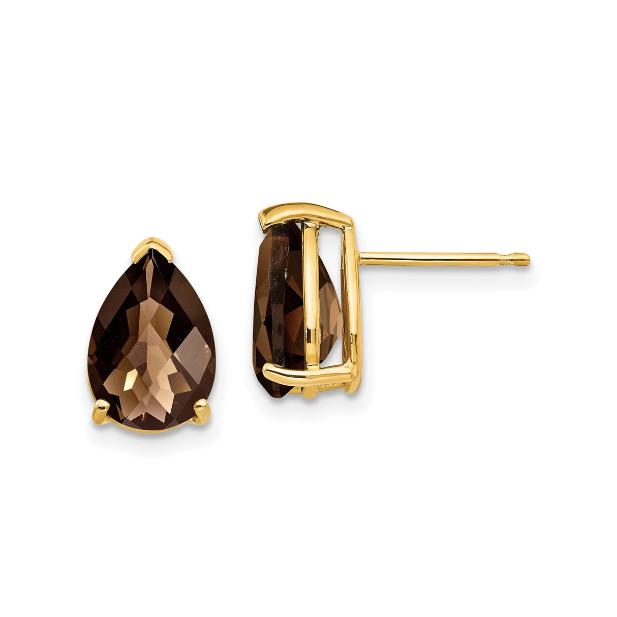 14k Yellow Gold Pear Shaped Stud Earrings with Smoky Quartz Gemstones for Women