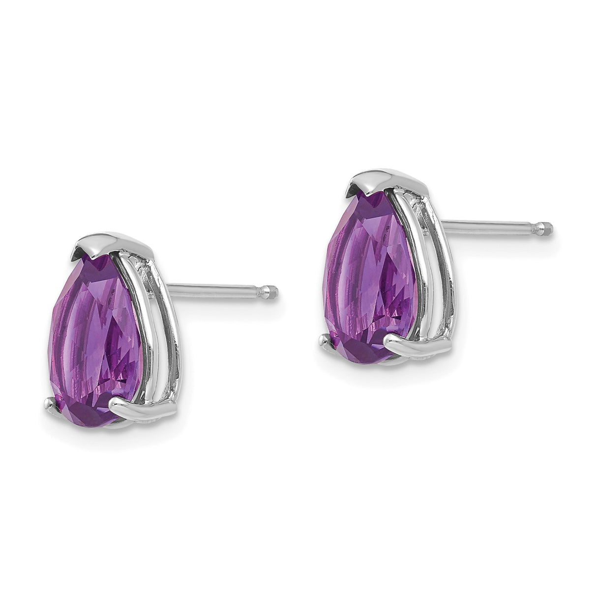14k White Gold Amethyst Stud Earrings, Pear Shaped Purple Gemstone Prong Set