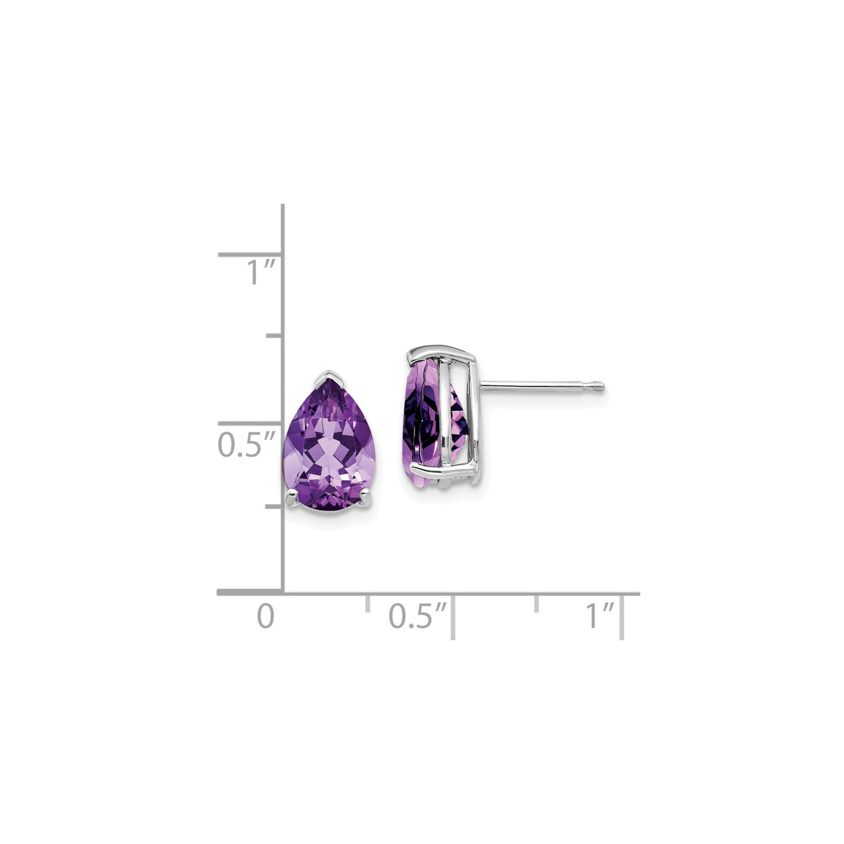 14k White Gold Amethyst Stud Earrings, Pear Shaped Purple Gemstone Prong Set