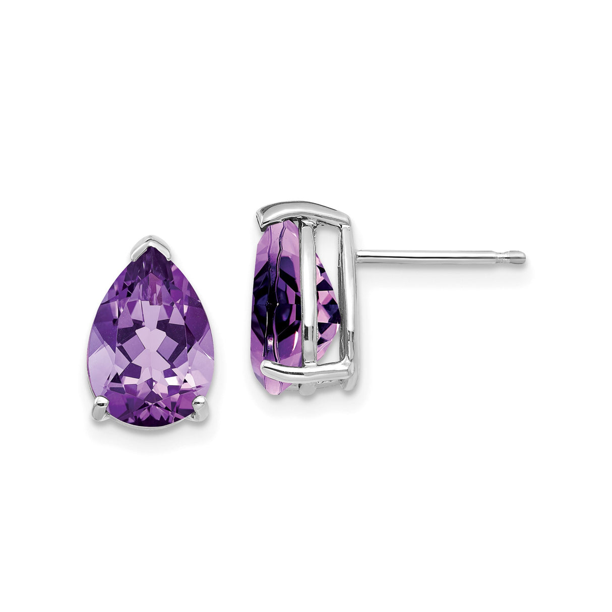 14k White Gold Amethyst Stud Earrings, Pear Shaped Purple Gemstone Prong Set