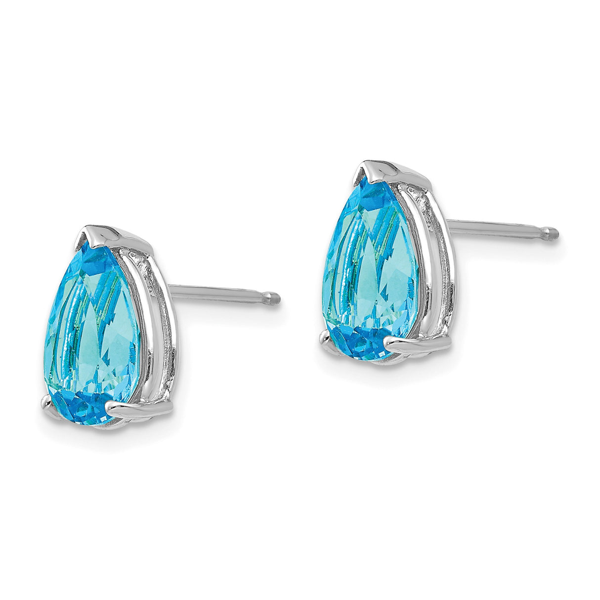 14k White Gold Stud Earrings with Pear Shaped Swiss Blue Topaz, Three Prong Setting