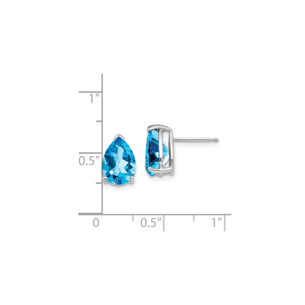 14k White Gold Stud Earrings with Pear Shaped Swiss Blue Topaz, Three Prong Setting