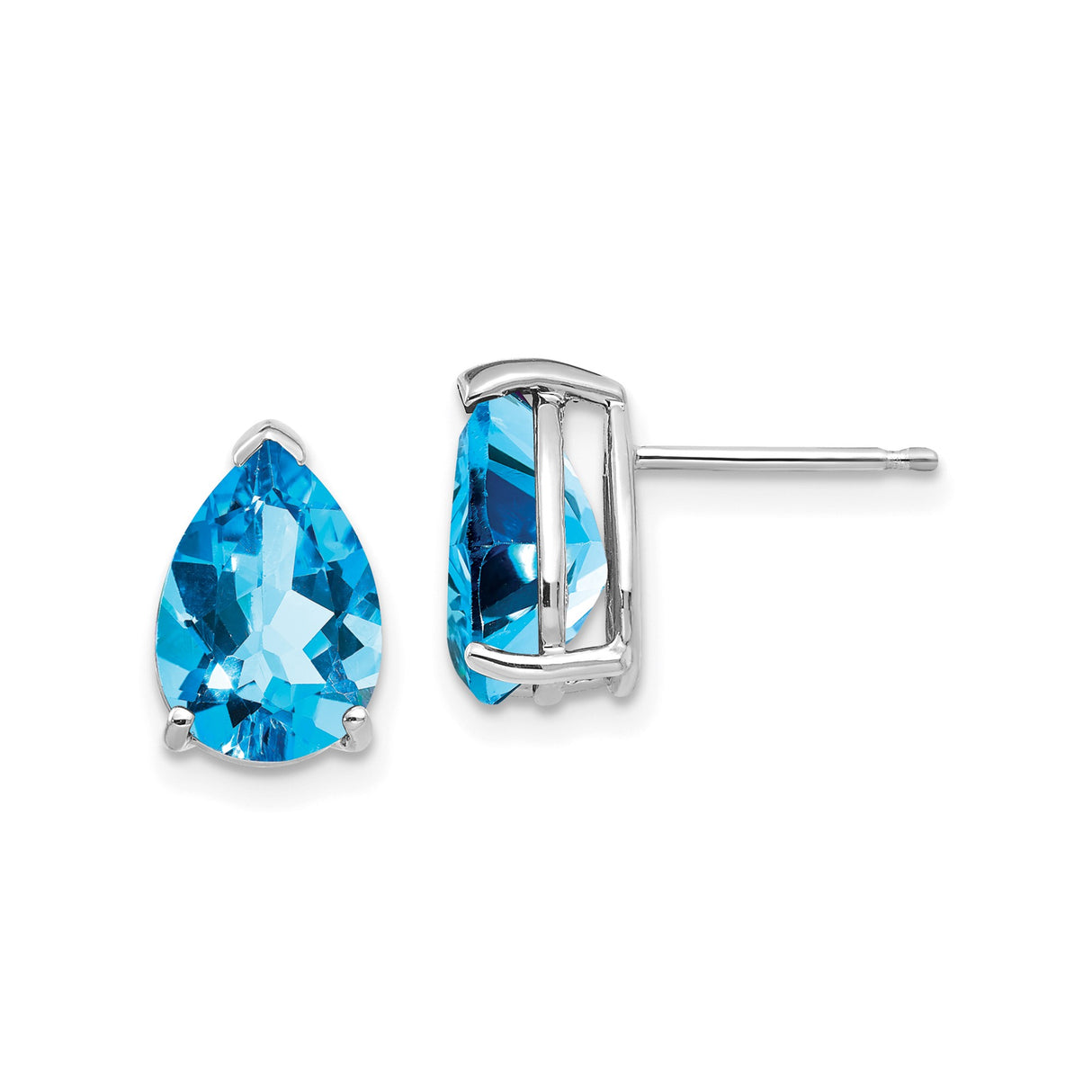 14k White Gold Stud Earrings with Pear Shaped Swiss Blue Topaz, Three Prong Setting