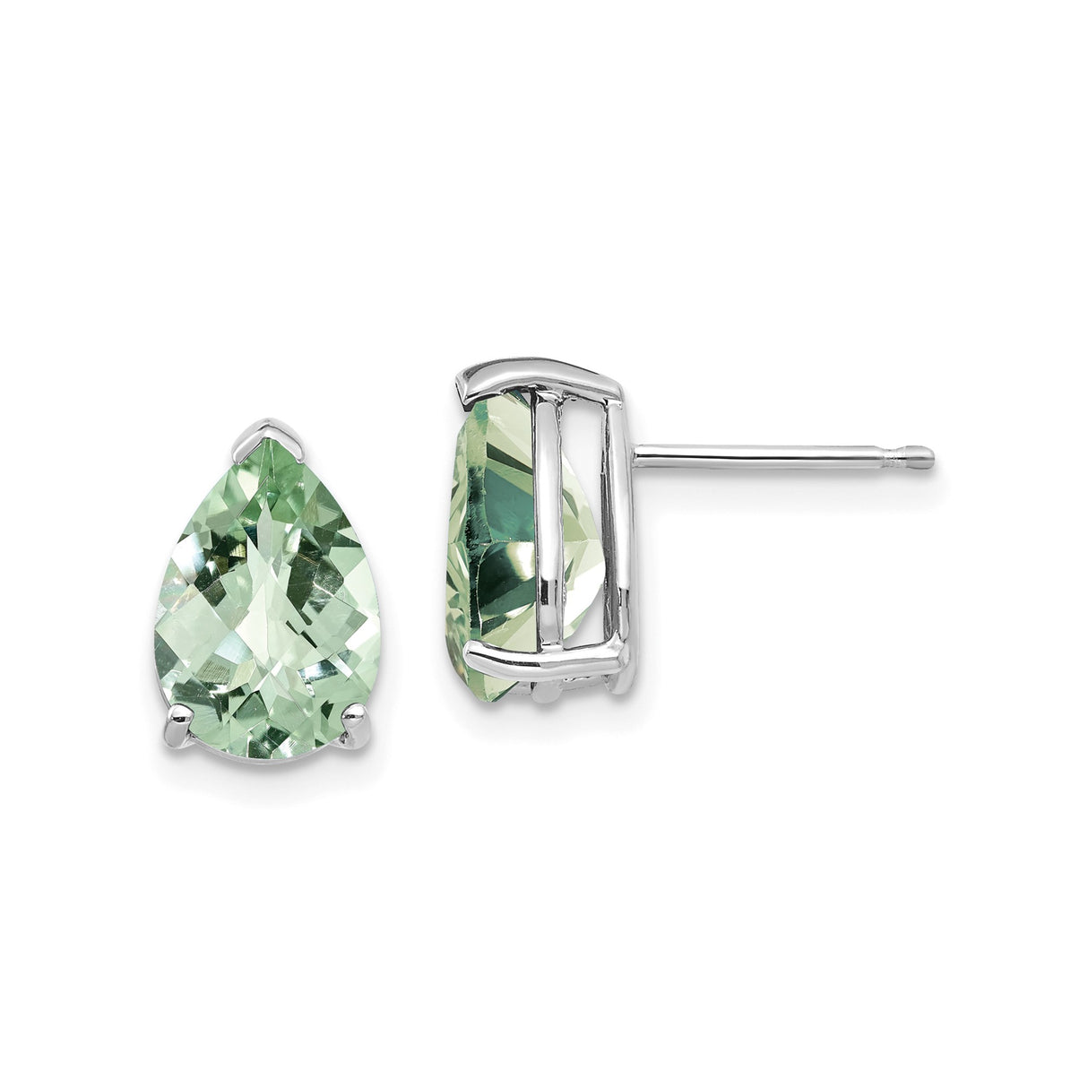 14k White Gold Pear Shaped Green Amethyst Stud Earrings, Minimalist Prong Setting