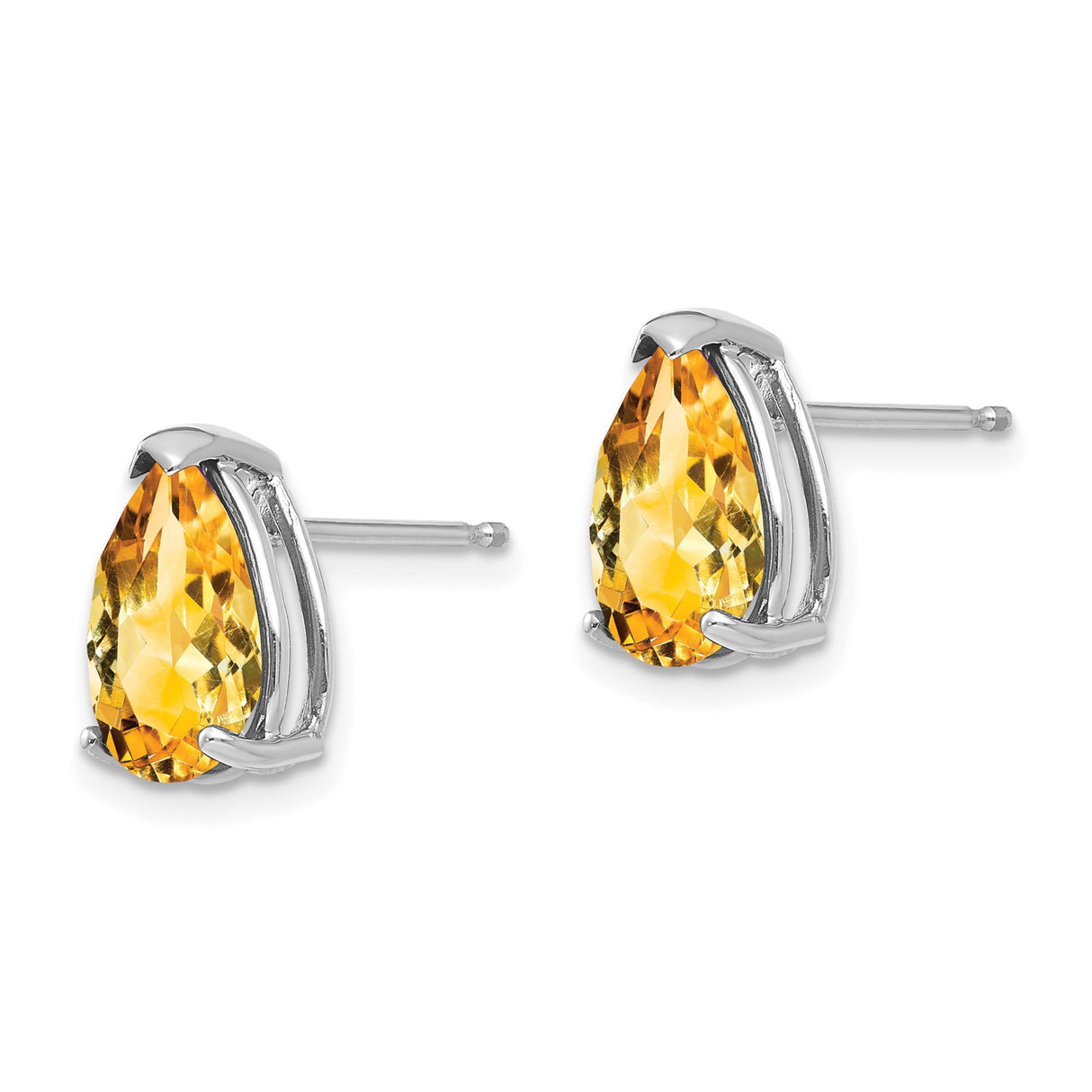 14k White Gold Pear Citrine Stud Earrings, Faceted Yellow Gemstone, Classic Prong Setting
